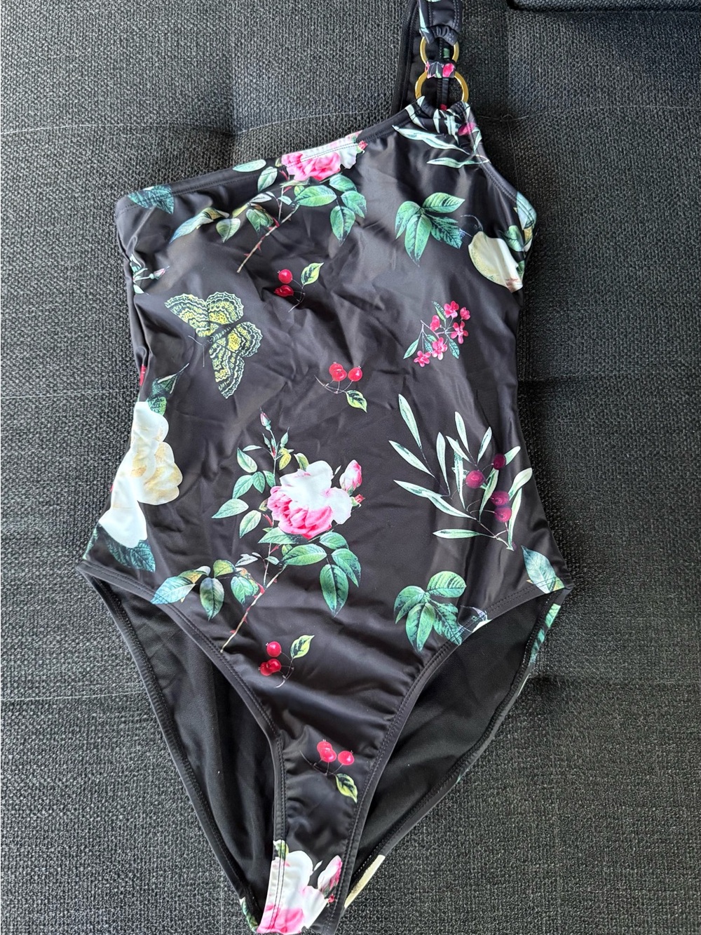 Nine West Floral One-Shoulder One-Piece Swimsuit with Gold Ring Accent NWT